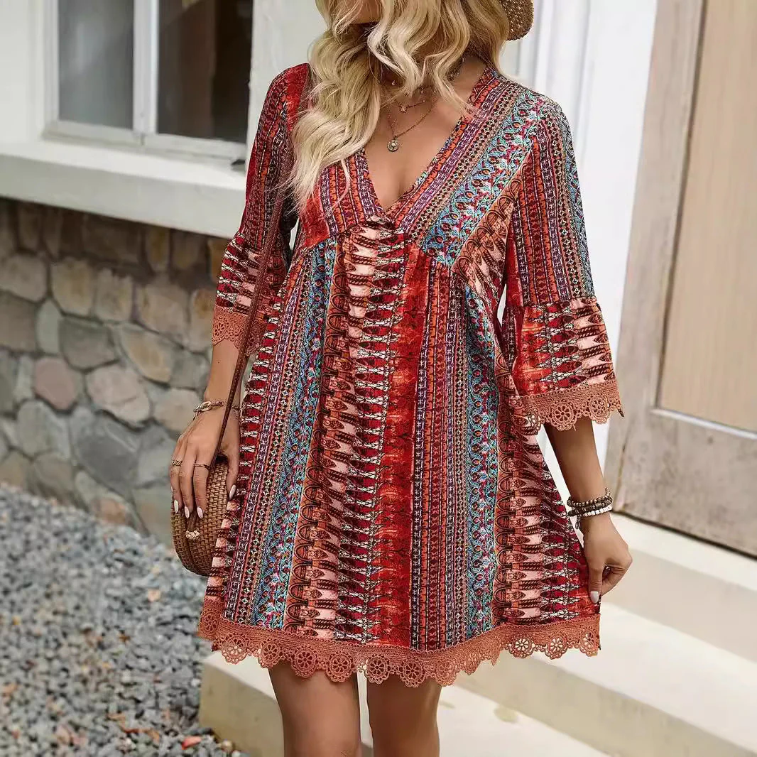 Ladies Dress – A-line Fit – V-neck – Boho Print – Lacedetail – 3/4 Sleeve - Image 2