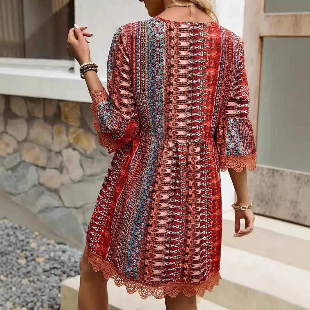 Ladies Dress – A-line Fit – V-neck – Boho Print – Lacedetail – 3/4 Sleeve - Image 3