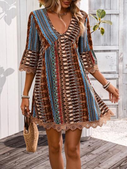 Ladies Dress – A-line Fit – V-neck – Boho Print – Lacedetail – 3/4 Sleeve - Image 5