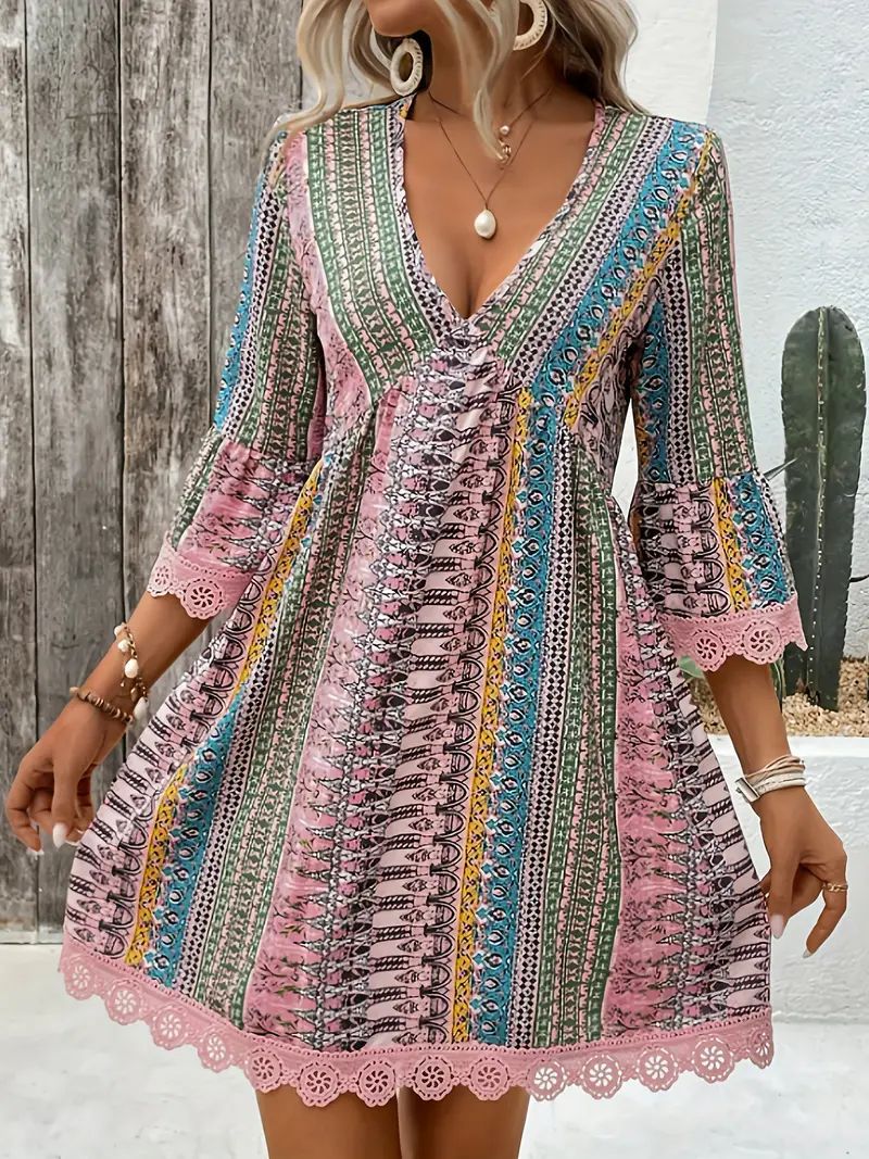 Ladies Dress – A-line Fit – V-neck – Boho Print – Lacedetail – 3/4 Sleeve - Image 6