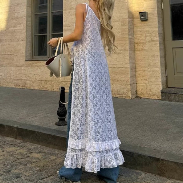 Ladies Dress – A-line Fit – V-neck – Lace – Side Slit – Ruffles – Tie Straps - Image 2