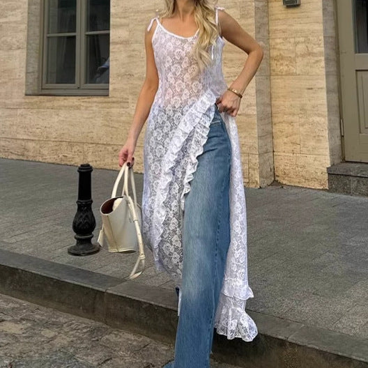 Ladies Dress – A-line Fit – V-neck – Lace – Side Slit – Ruffles – Tie Straps - Image 3