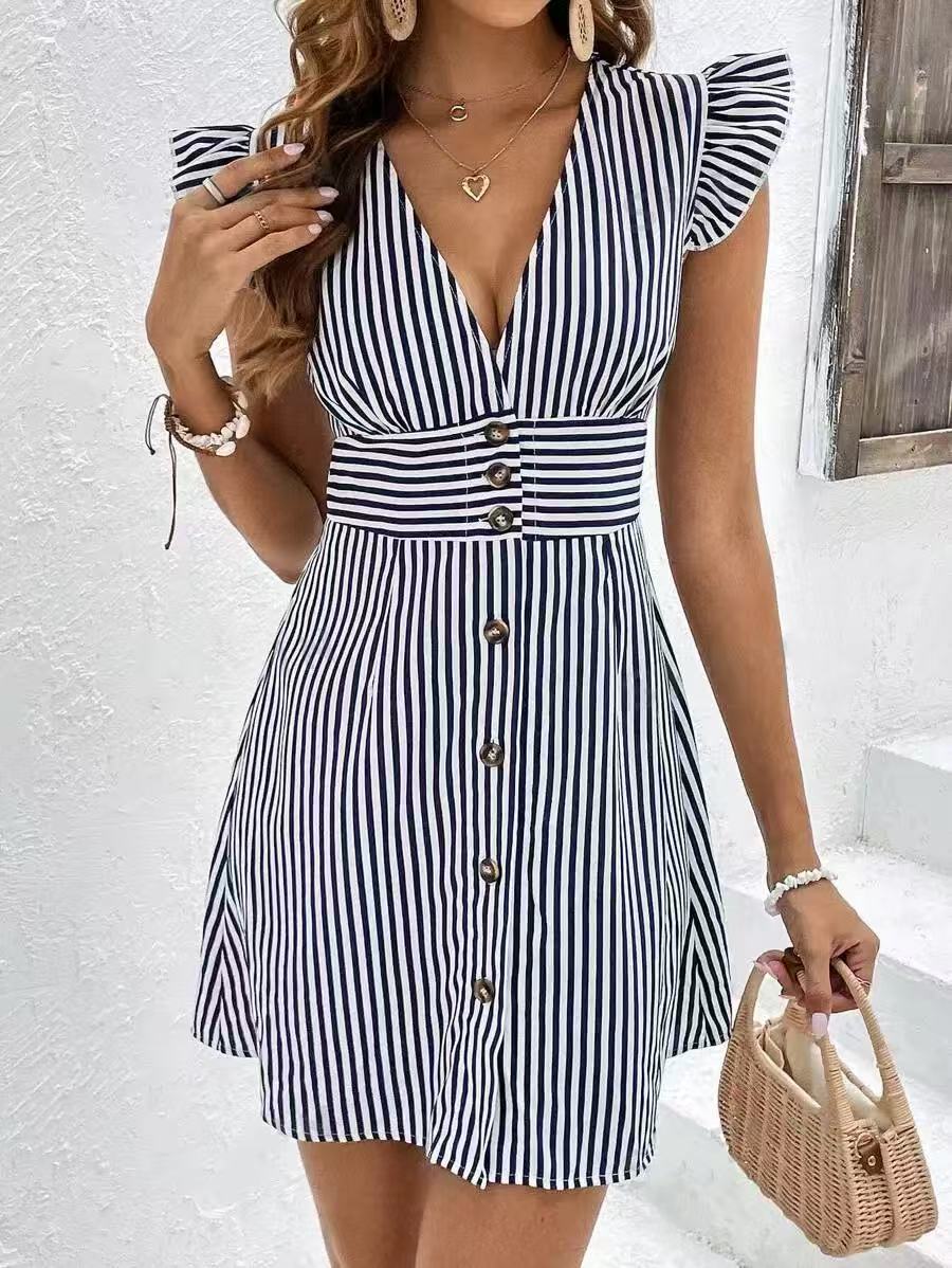 Women's Dress – A-line Fit – V-neck – Ruffle Sleeves – Striped – Button Closure - Image 6