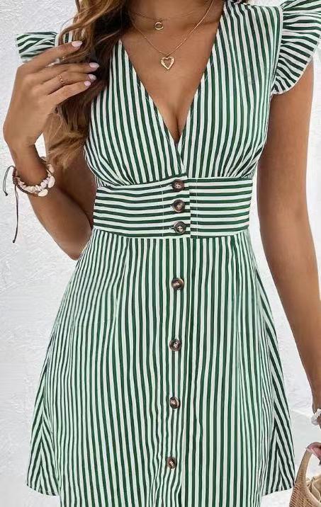 Women's Dress – A-line Fit – V-neck – Ruffle Sleeves – Striped – Button Closure - Image 7