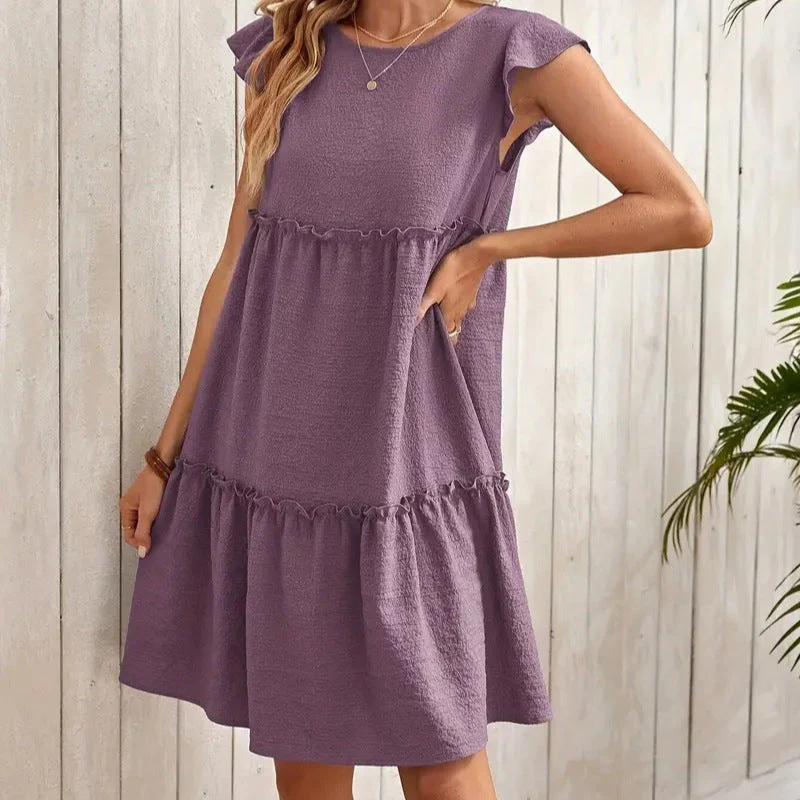Ladies Dress – A-line Relaxed Fit – Short Sleeve – V-neck with Ruffles – Breathable - Image 2