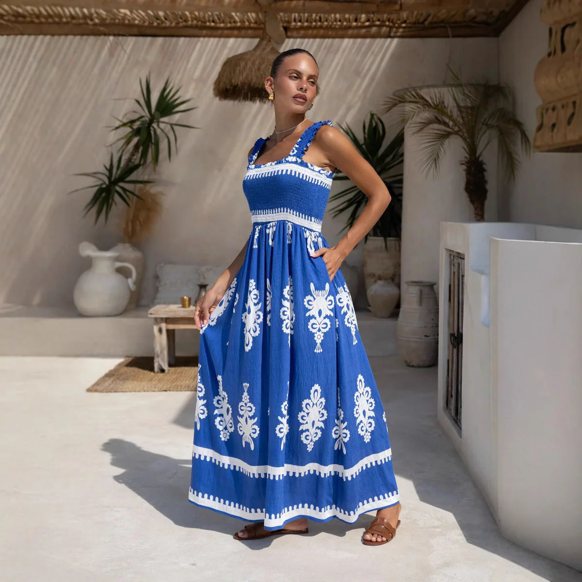 Ladies Dress – A-line – Ruched Bodice – Cotton – Ankle Length – Embroidery - Image 2