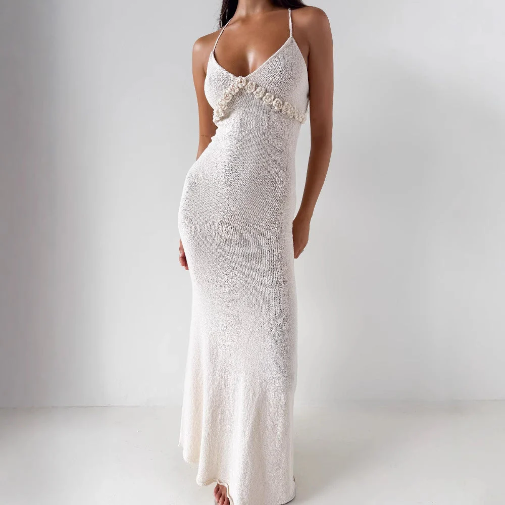 Women's Dress – Bodycon Fit – Spaghetti Straps – 3D Flower Detail – Full Length - Image 2