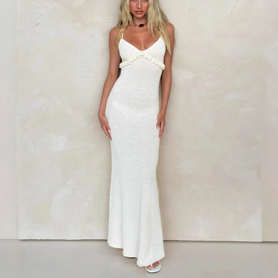 Women's Dress – Bodycon Fit – Spaghetti Straps – 3D Flower Detail – Full Length - Image 3