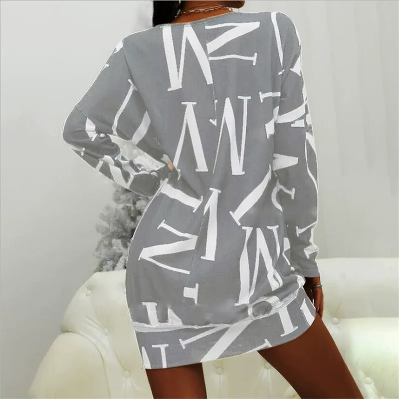 Women's Dress – Casual Mini Model – Long Sleeves – Relaxed Fit – Letter Print - Image 5