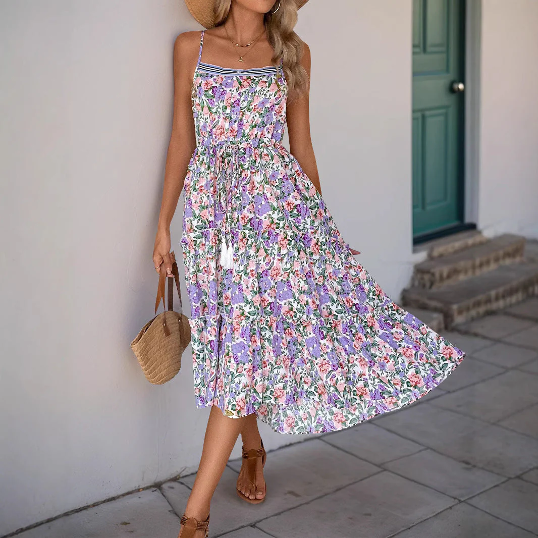 Ladies Dress – Fit and Flare – Floral Print – Ruffled Hem – Adjustable Waist - Image 2