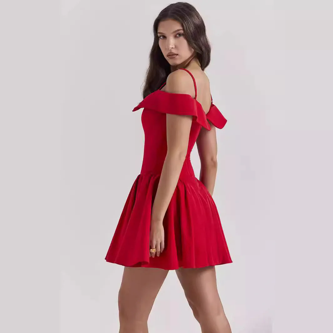 Ladies Dress – Fit and Flare – V-Neck – Spaghetti Straps – Off Shoulder – Mini Length - Image 2
