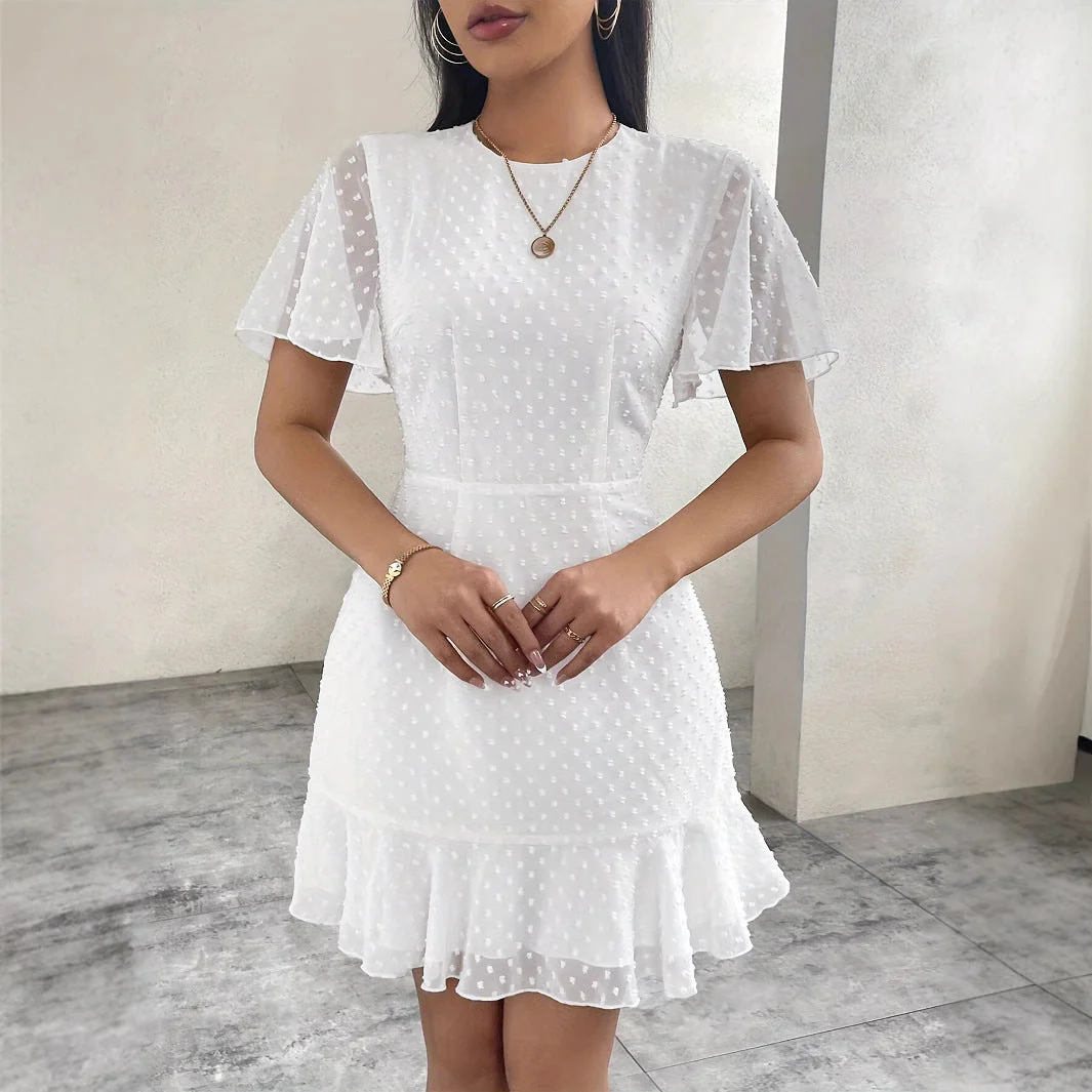 Women's Dress – Short Sleeves – A-Line Fit – Jacquard Texture – Ruffled Hem - Image 2