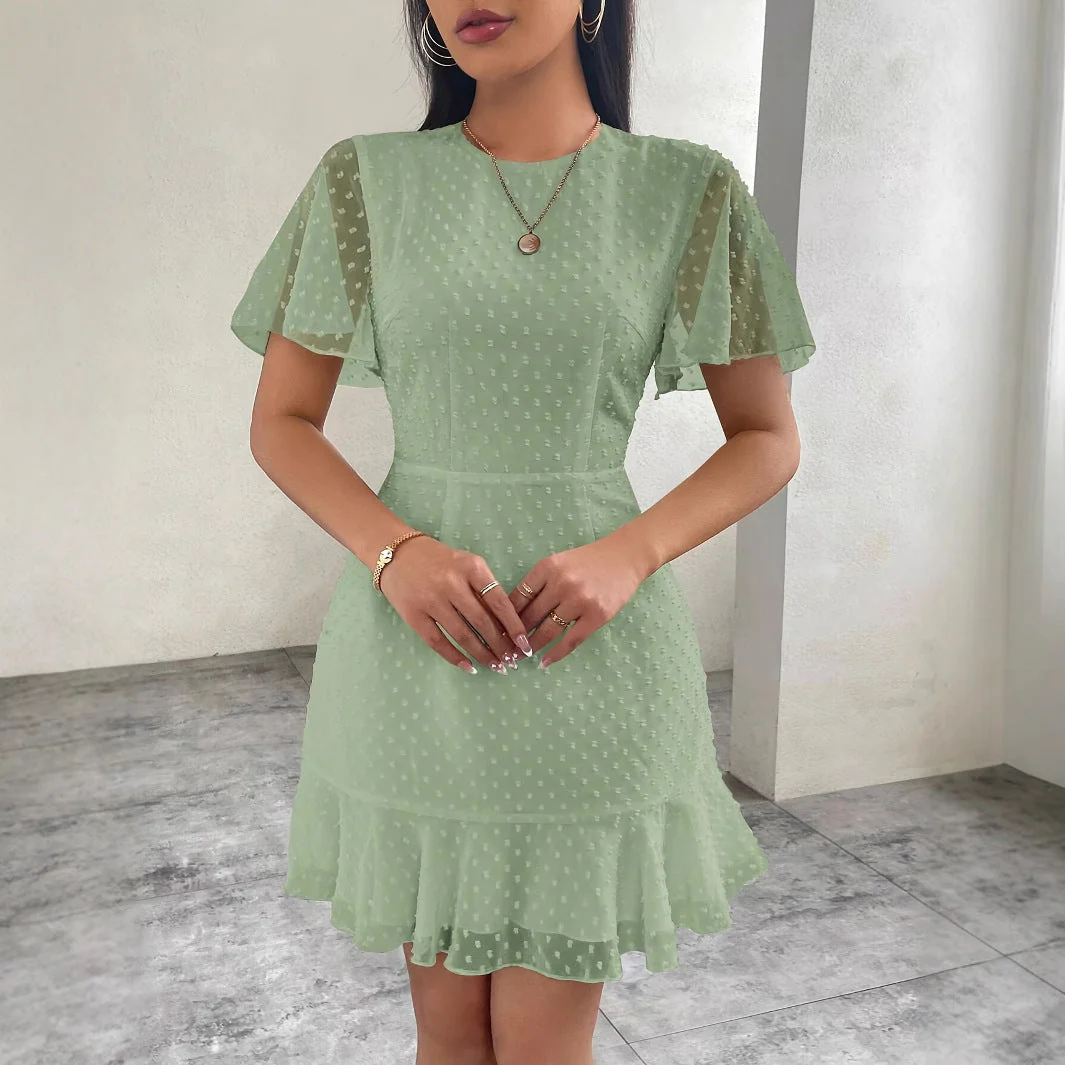 Women's Dress – Short Sleeves – A-Line Fit – Jacquard Texture – Ruffled Hem - Image 3