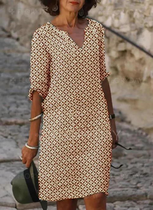 Women's Dress – Loose Fit – V-Neck – 3/4 Sleeve – Geometric Print – Breathable Fabric - Image 4