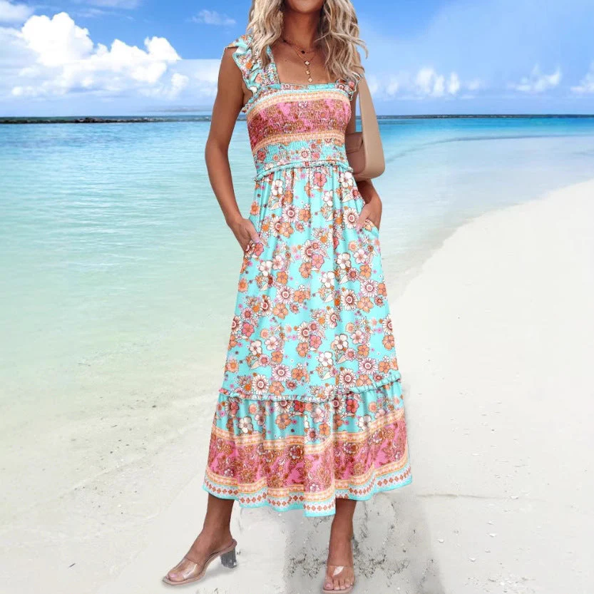 Women's Dress – Loose Fit – Cotton – Ruffle Sleeve – Square Neck – Midi Length - Image 3