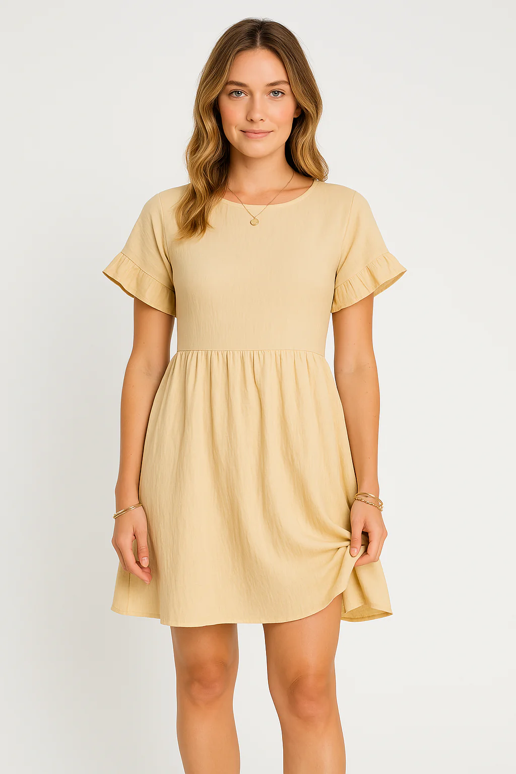 Women's Dress – Loose-Fitting Model – Breathable Natural Fabric – Ruffled Sleeves – Knee Length - Image 3