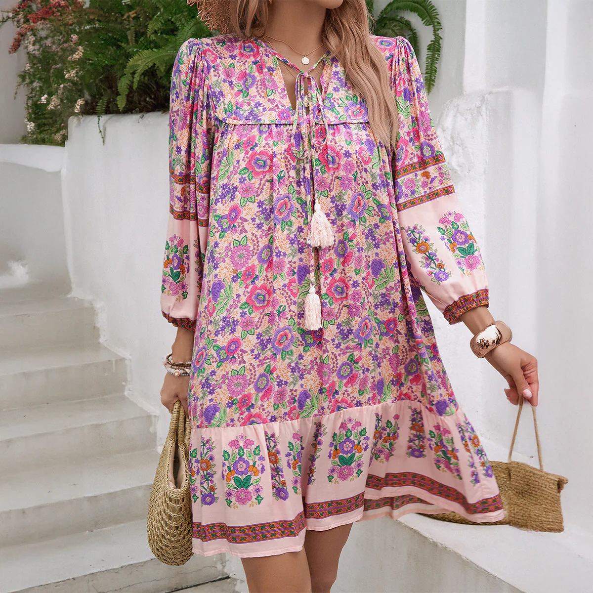 Ladies Dress – Loose Fitting Model – Floral Print – Cotton – V-Neck – Three Quarter Sleeve - Image 2