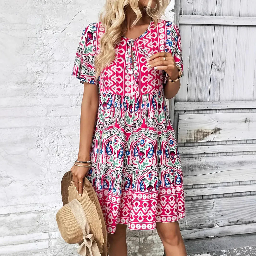 Ladies Dress – Loose Fit – Cotton – V-Neck – Short Sleeves – Print – Layered Hem - Image 2