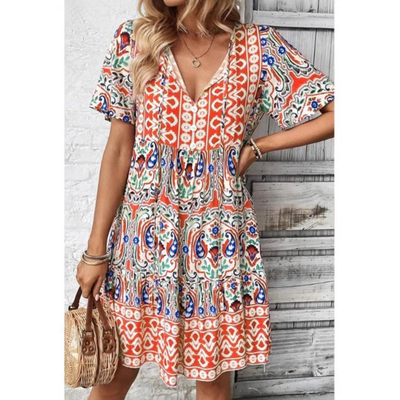 Ladies Dress – Loose Fit – Cotton – V-Neck – Short Sleeves – Print – Layered Hem - Image 3