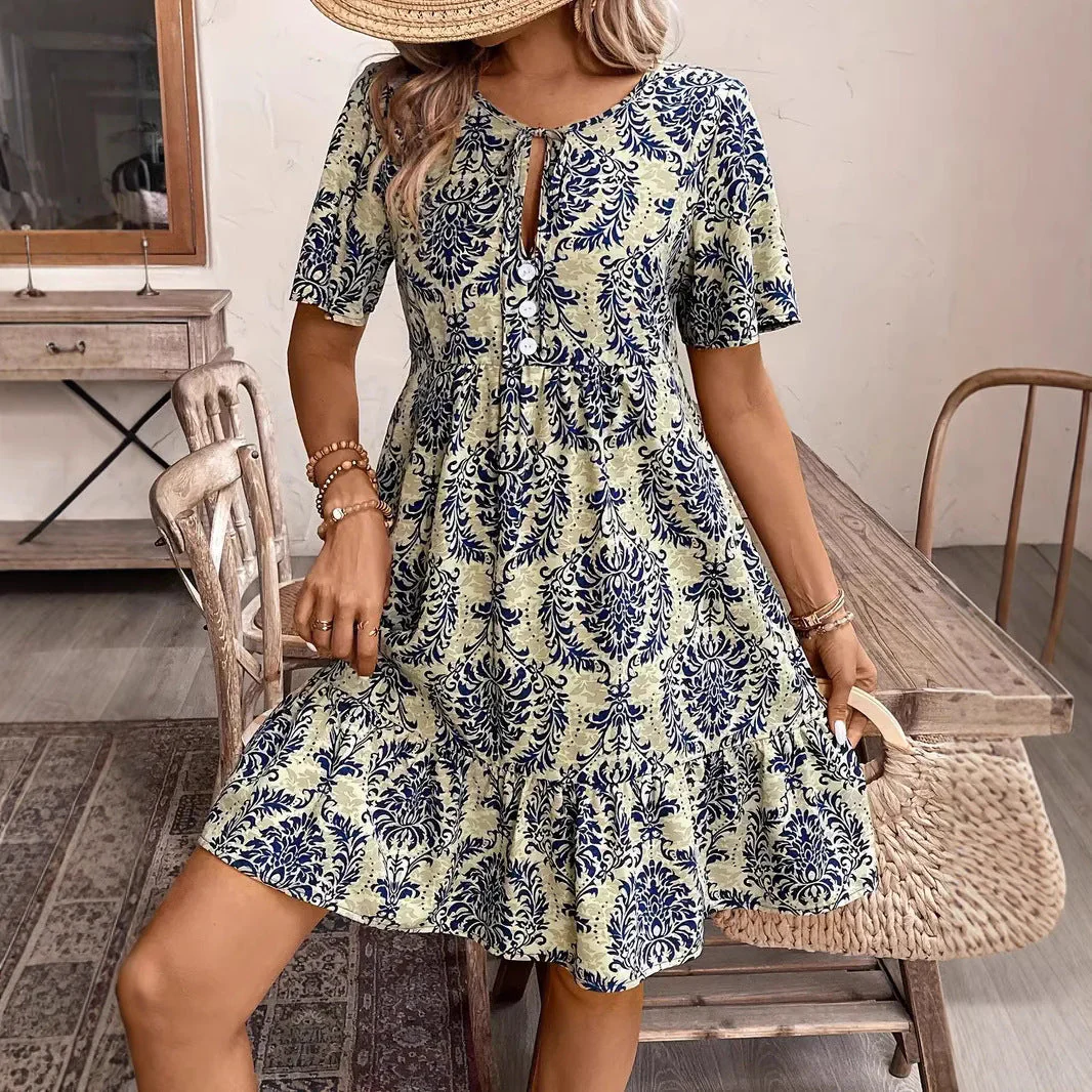 Ladies Dress – Loose Fit – Cotton – V-Neck – Short Sleeves – Print – Layered Hem - Image 4