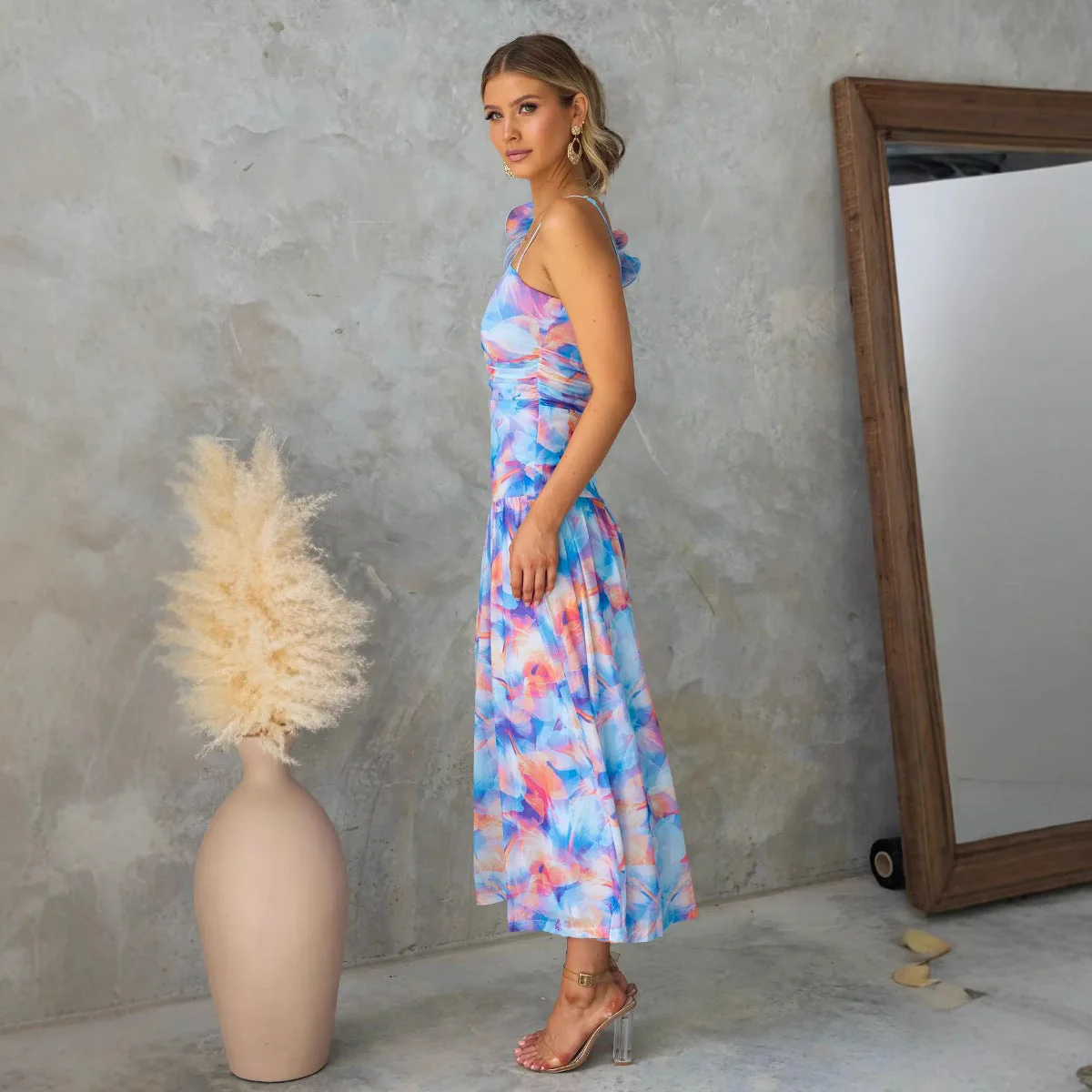 Ladies Dress – Mesh Fabric – Slim Fit – Spaghetti Straps – Ruffle Detail – Midi Length - Image 2
