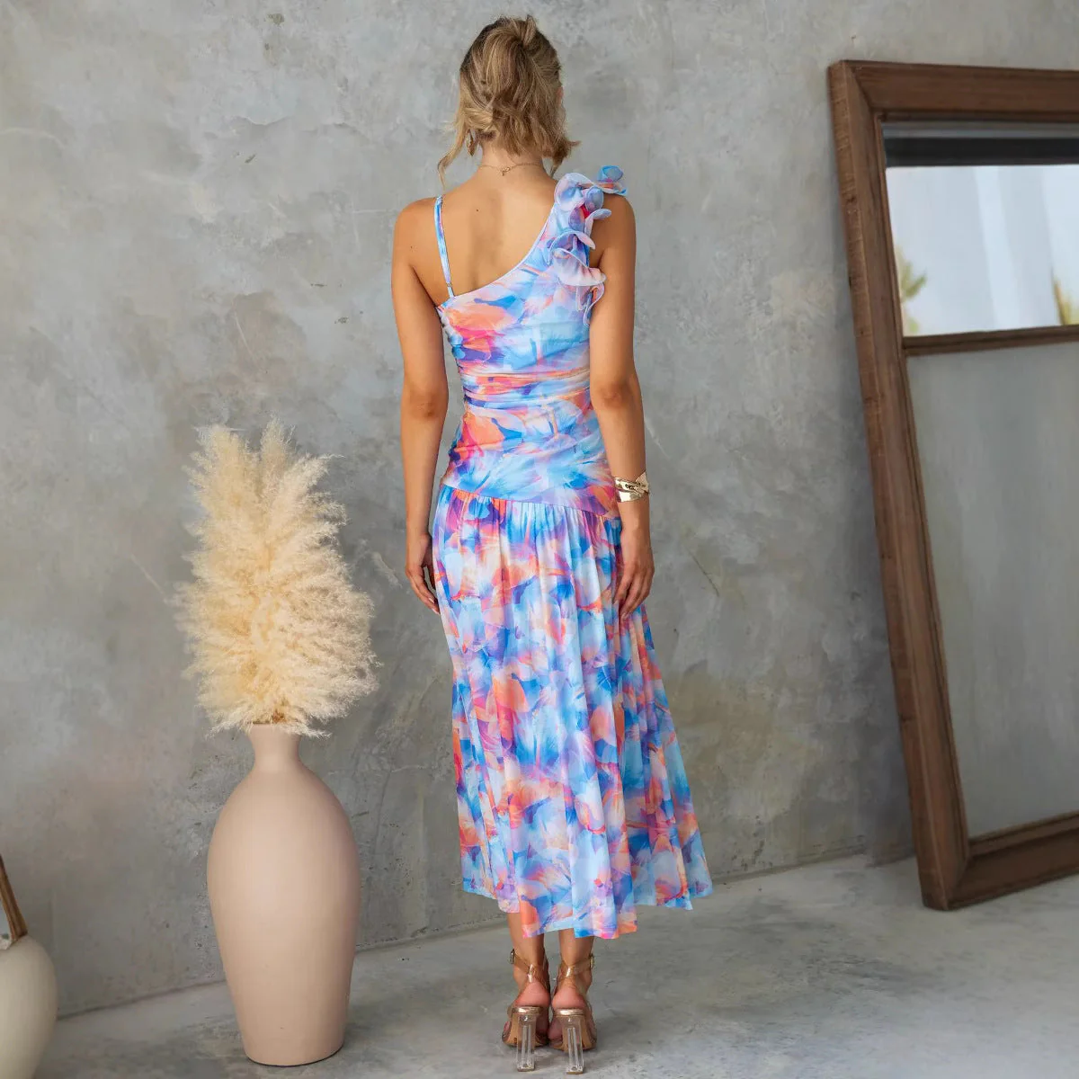 Ladies Dress – Mesh Fabric – Slim Fit – Spaghetti Straps – Ruffle Detail – Midi Length - Image 3