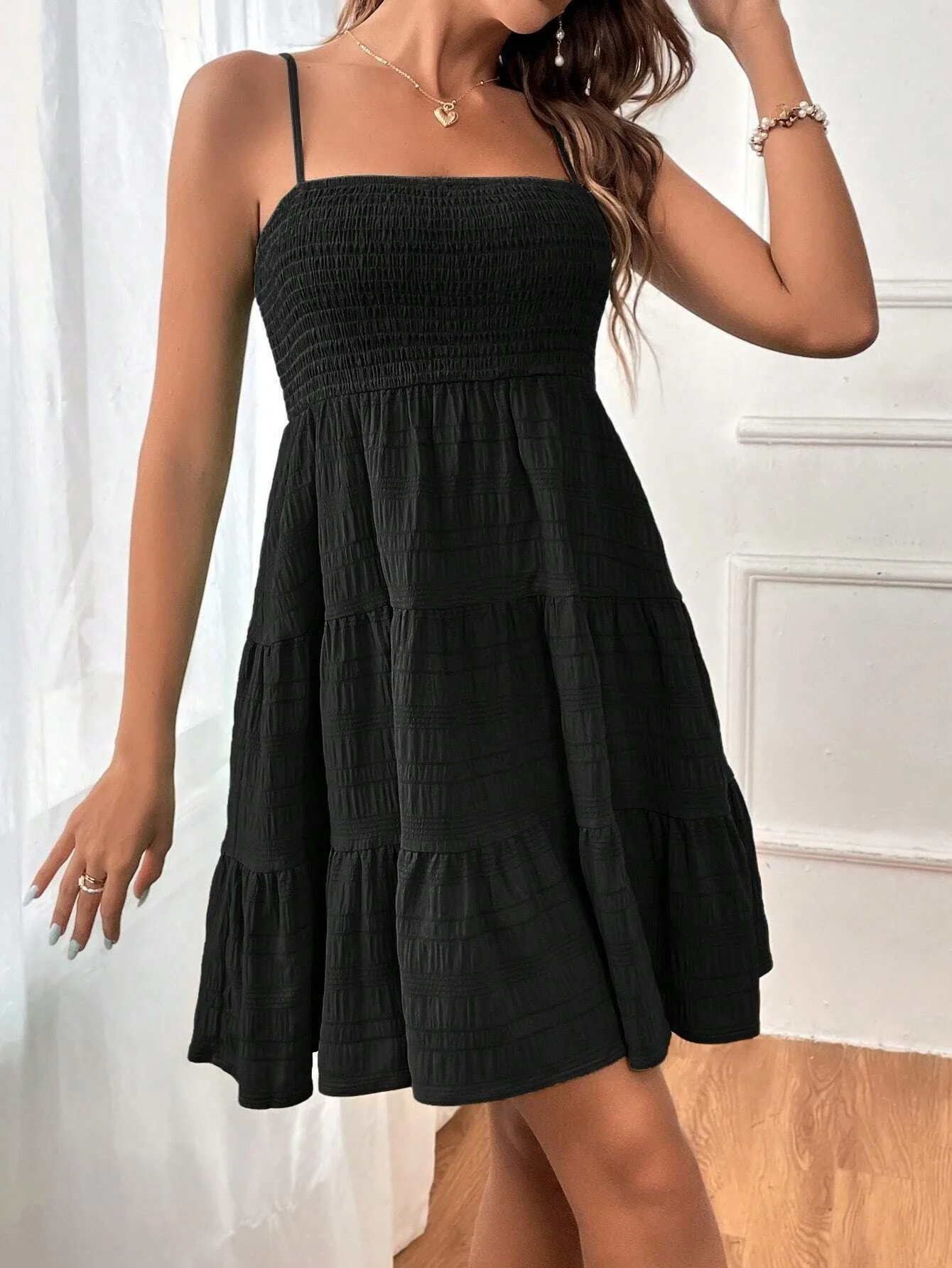 Women's Dress – Mini A-line – Smock Top – Spaghetti Straps – Airy Natural Fibers - Image 5