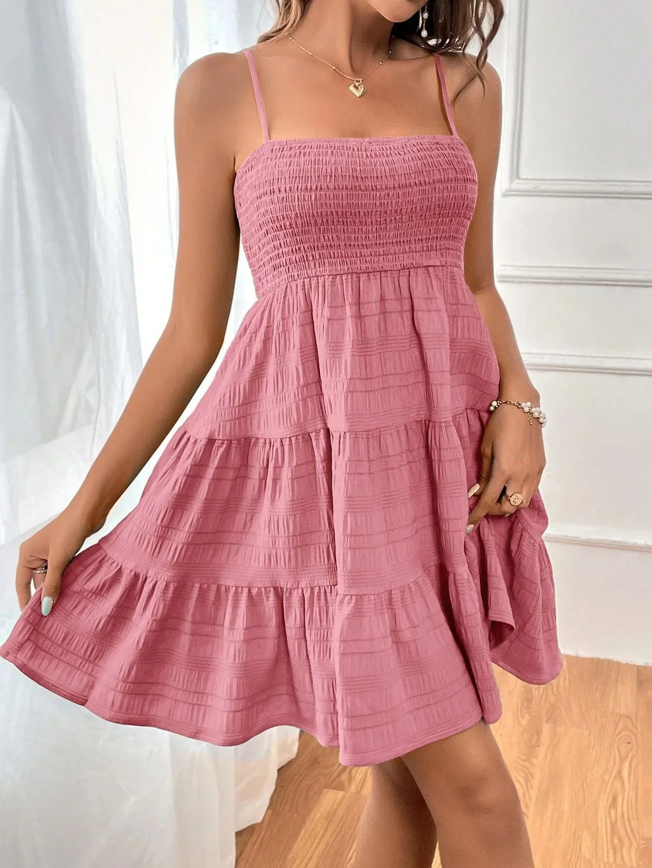Women's Dress – Mini A-line – Smock Top – Spaghetti Straps – Airy Natural Fibers - Image 7