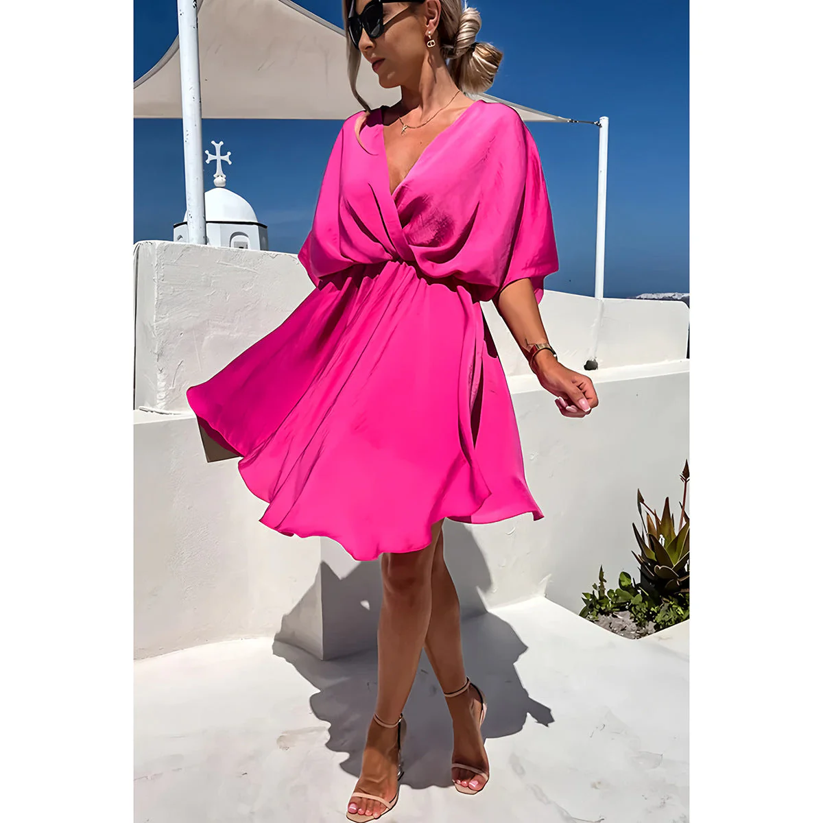 Women's Dress – Relaxed Fit – Asymmetrical Hem – Batwing Sleeves – Breathable Fabric - Image 8