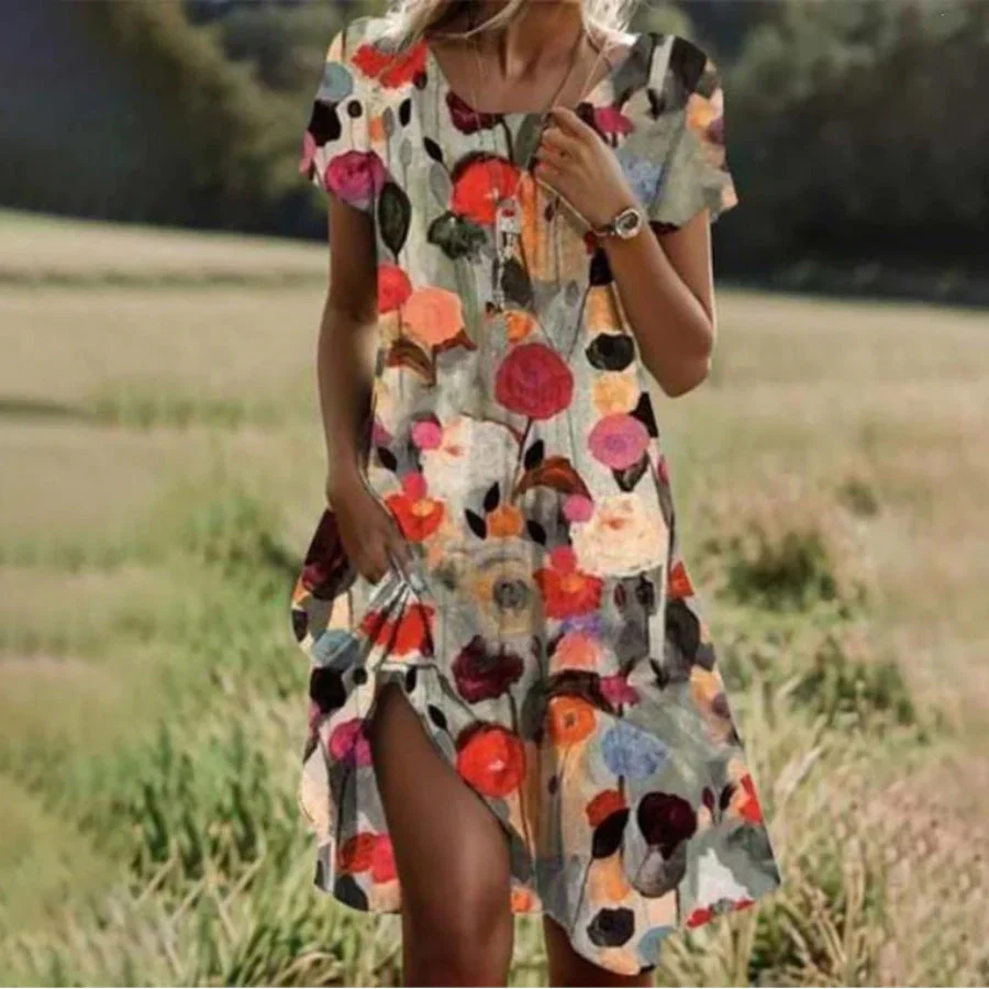 Women's Dress – Relaxed Fit – Button Length – Short Sleeve – Round Neck – Floral Print – Airy Fabric - Image 2