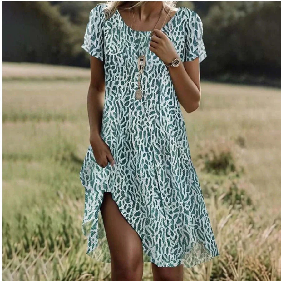 Women's Dress – Relaxed Fit – Button Length – Short Sleeve – Round Neck – Floral Print – Airy Fabric - Image 3