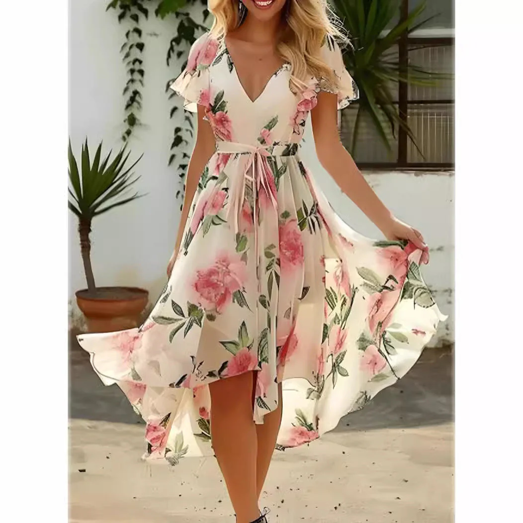 Ladies Dress – Relaxed Fit – Floral Print – Ruffle Sleeves – High-Low Hem – V-Neck - Image 2