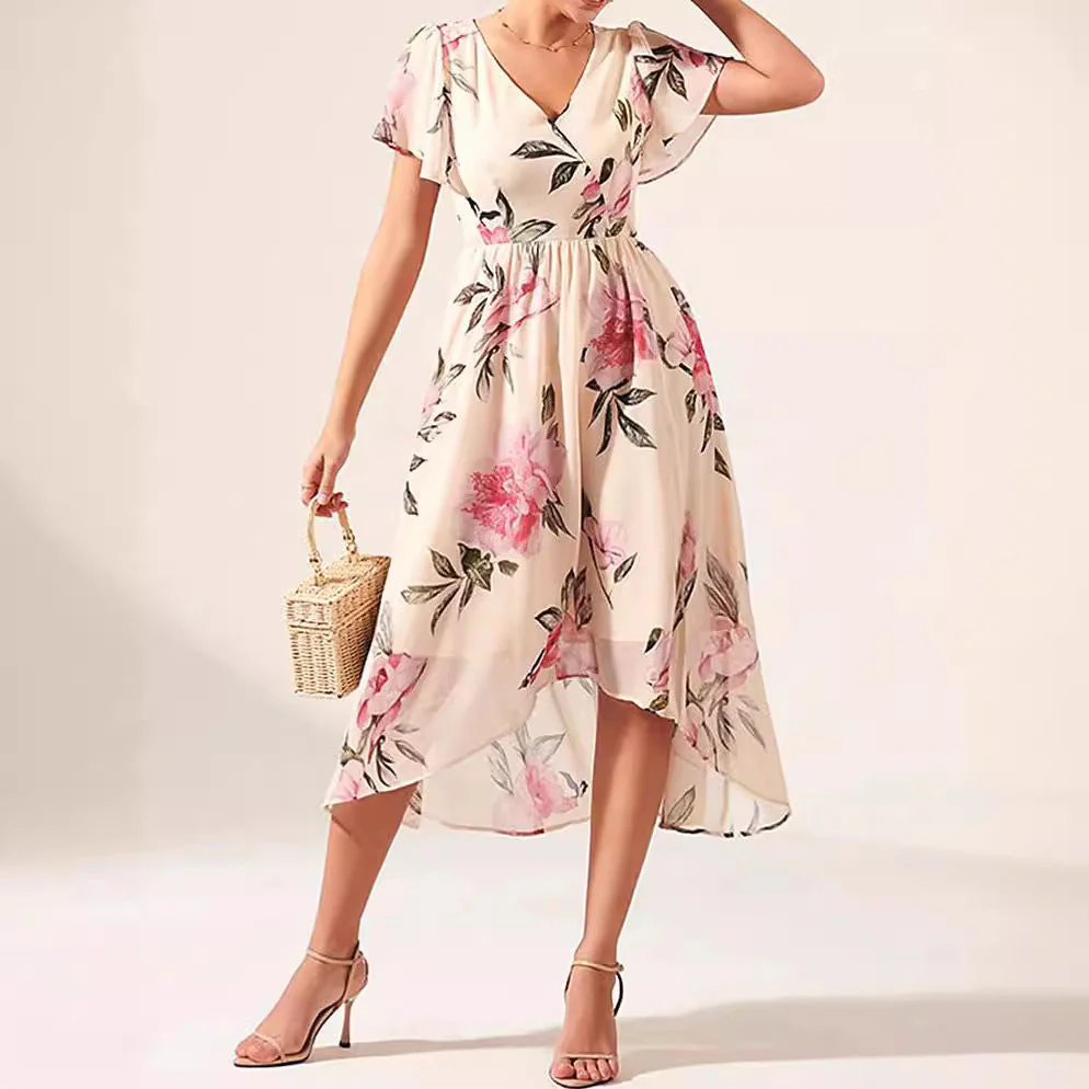 Ladies Dress – Relaxed Fit – Floral Print – Ruffle Sleeves – High-Low Hem – V-Neck - Image 3