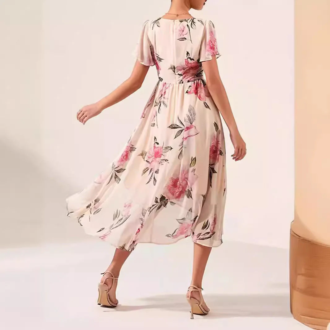 Ladies Dress – Relaxed Fit – Floral Print – Ruffle Sleeves – High-Low Hem – V-Neck - Image 4