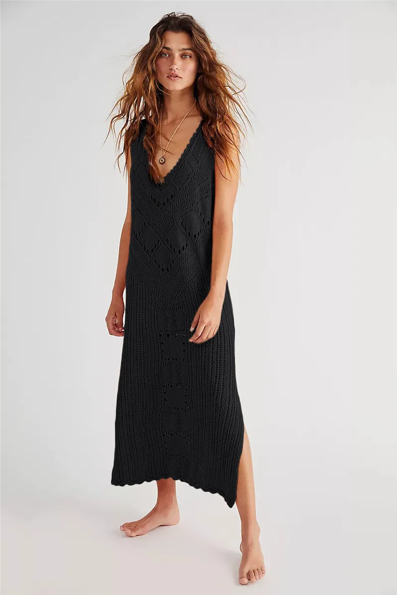 Women's Dress – Relaxed Fit – V-Neck – Geometric Knit – Side Slit – Breathable - Image 3