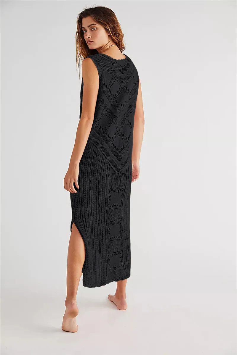 Women's Dress – Relaxed Fit – V-Neck – Geometric Knit – Side Slit – Breathable - Image 4