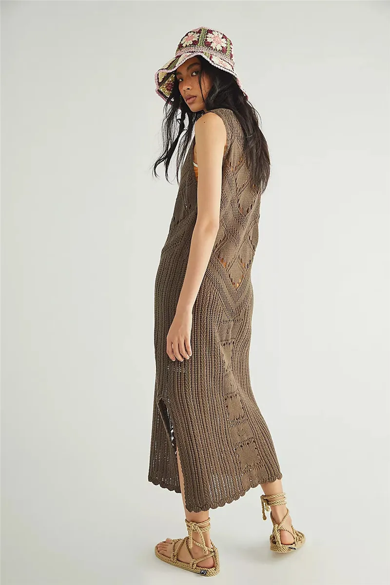 Women's Dress – Relaxed Fit – V-Neck – Geometric Knit – Side Slit – Breathable - Image 6