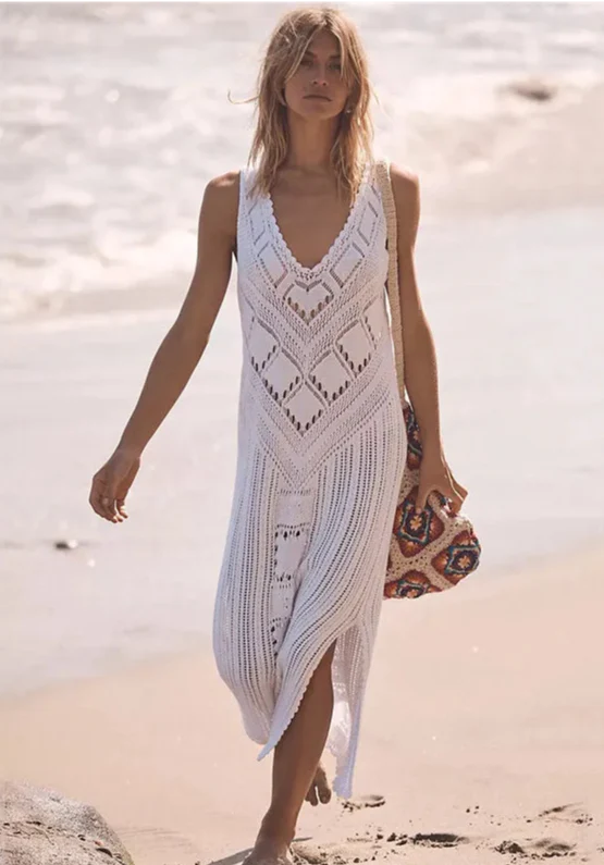 Women's Dress – Relaxed Fit – V-Neck – Geometric Knit – Side Slit – Breathable - Image 8