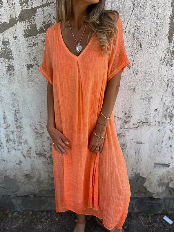 Ladies Dress – Relaxed Fit – V-Neck – Short Sleeve – Breathable Fabric – Flowy Model - Image 3