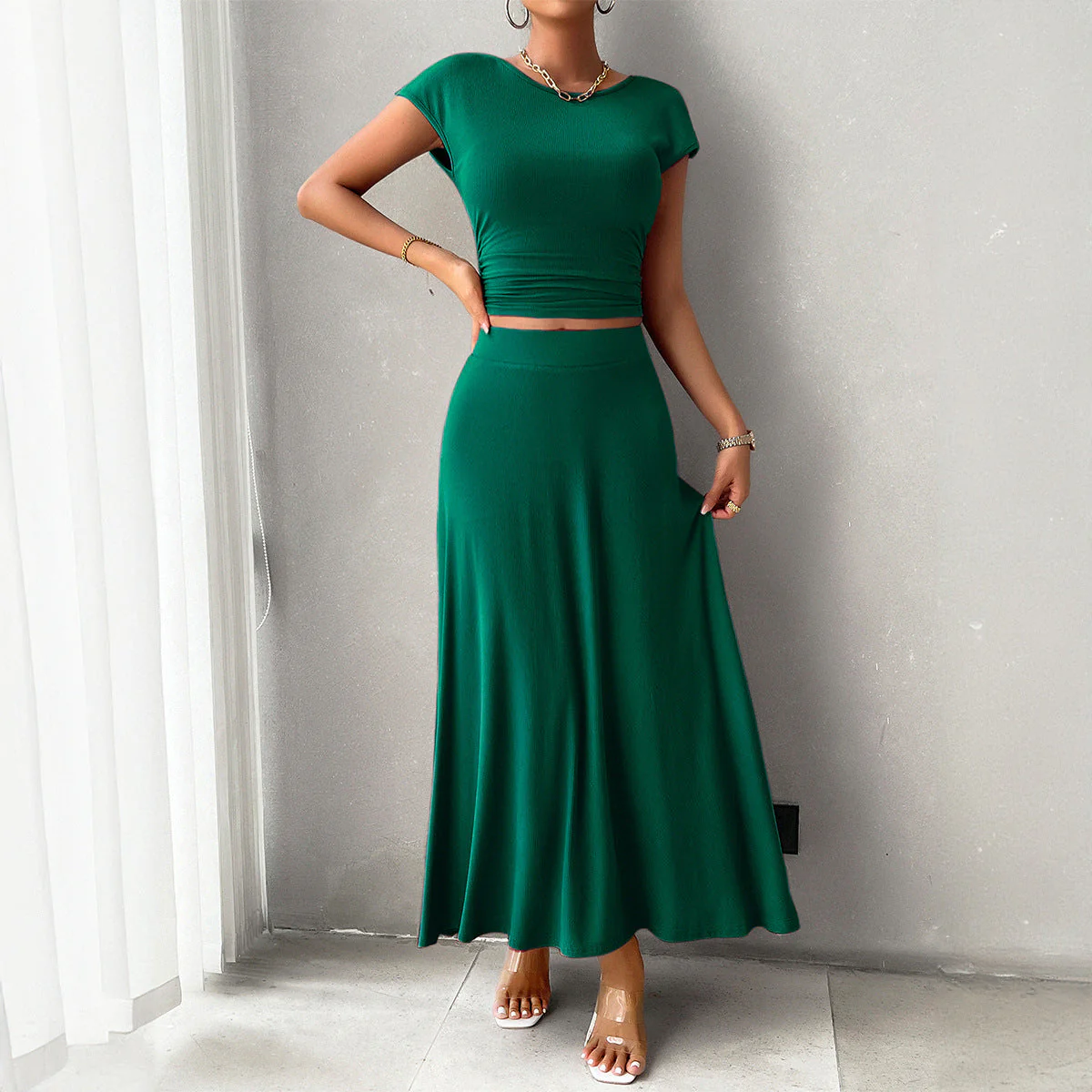 Women's Dress Set – Slim Fit Crop Top – Ruching Detail – Long Flowing Skirt - Image 2