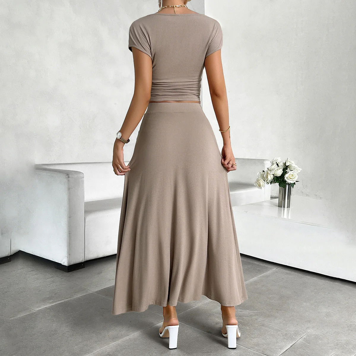Women's Dress Set – Slim Fit Crop Top – Ruching Detail – Long Flowing Skirt - Image 3