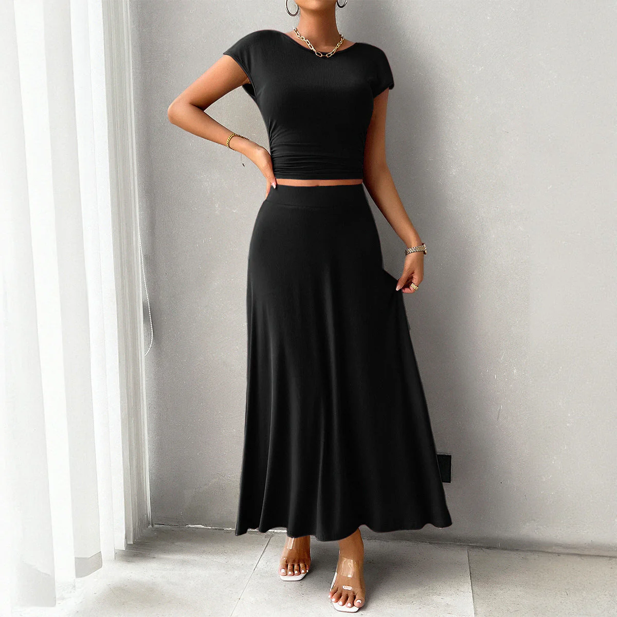 Women's Dress Set – Slim Fit Crop Top – Ruching Detail – Long Flowing Skirt - Image 4