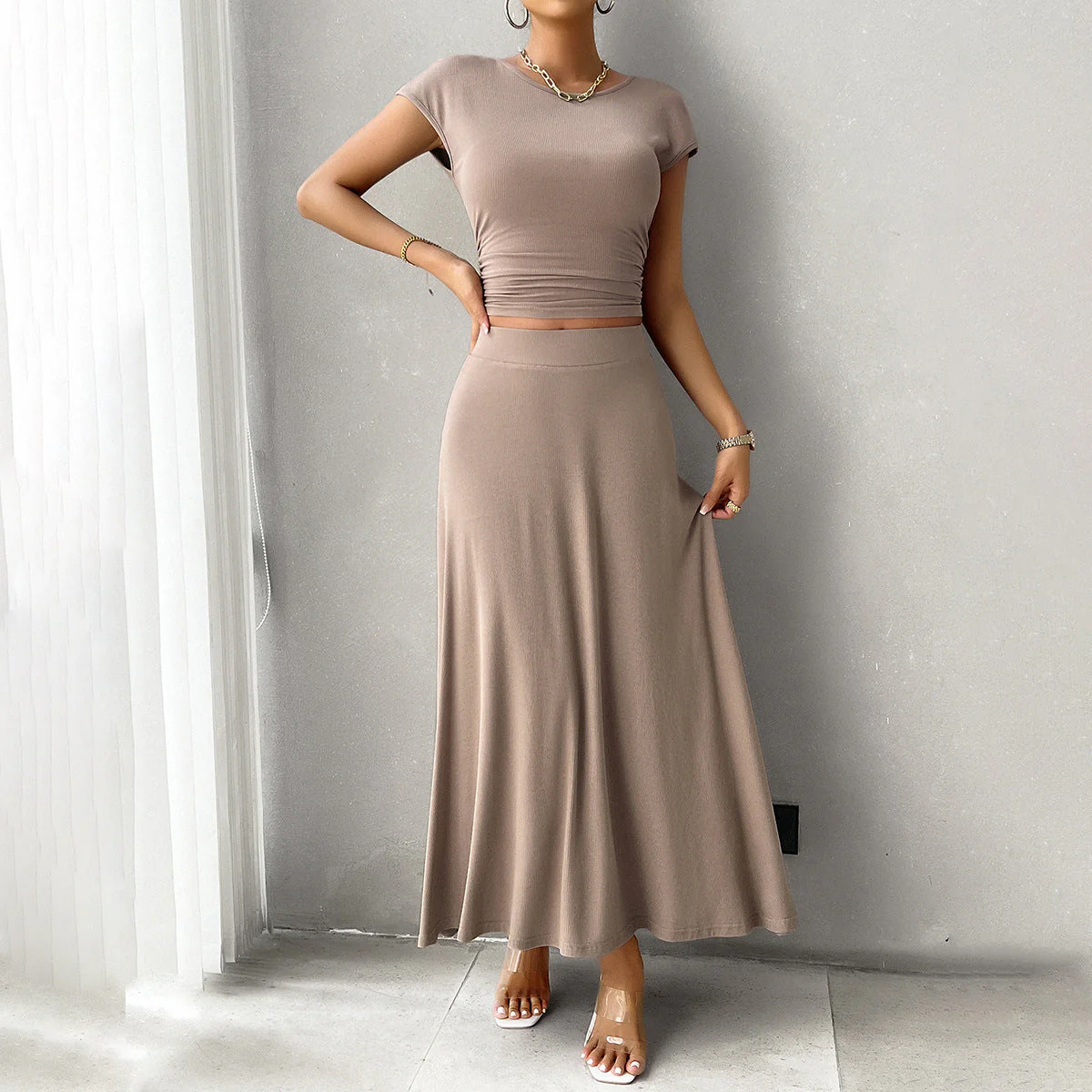 Women's Dress Set – Slim Fit Crop Top – Ruching Detail – Long Flowing Skirt - Image 5