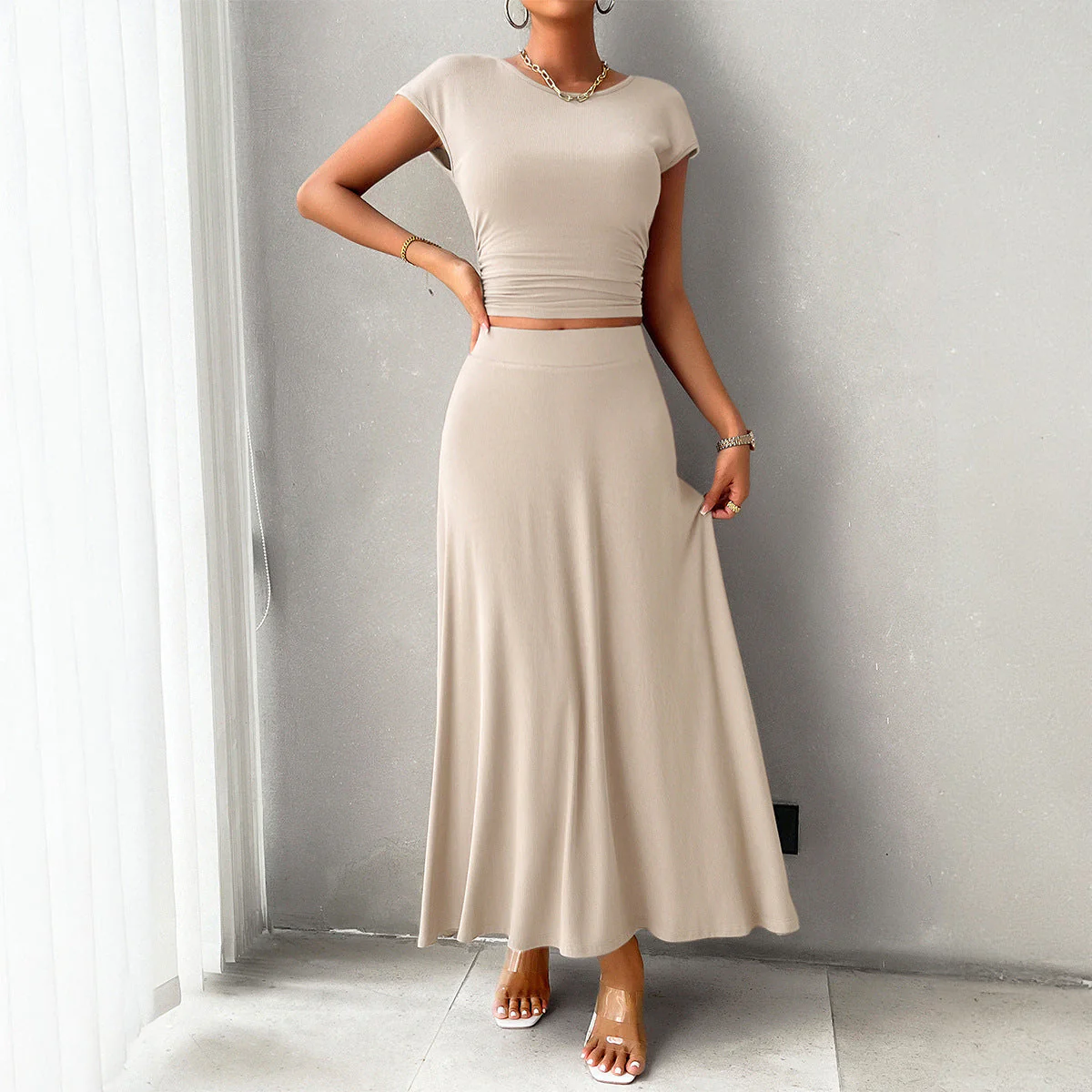 Women's Dress Set – Slim Fit Crop Top – Ruching Detail – Long Flowing Skirt - Image 6