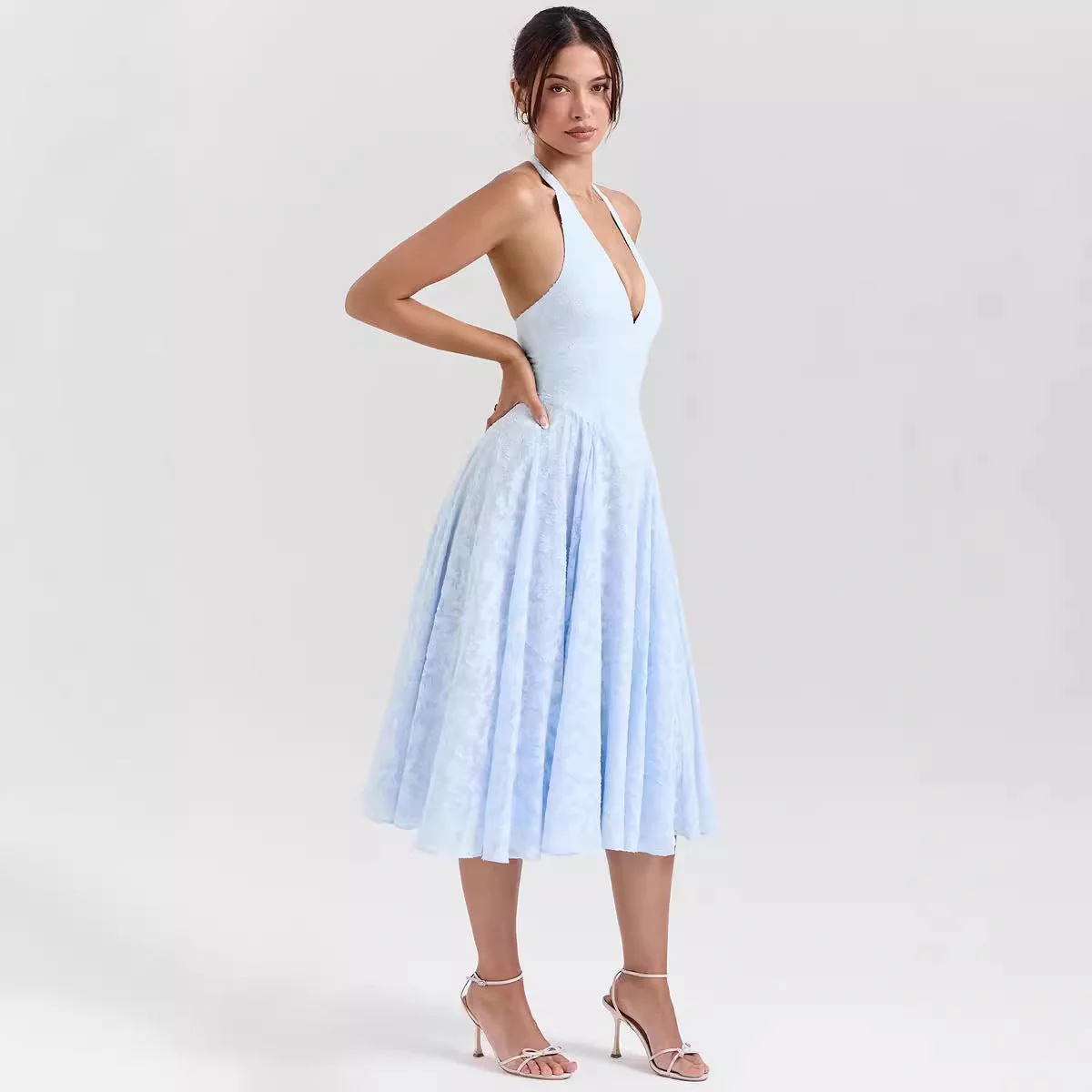 Women's Dress – Slim Fit – A-line Silhouette – Halterneck – Deep V-neck – Luxury Fabric – Midi Length - Image 2
