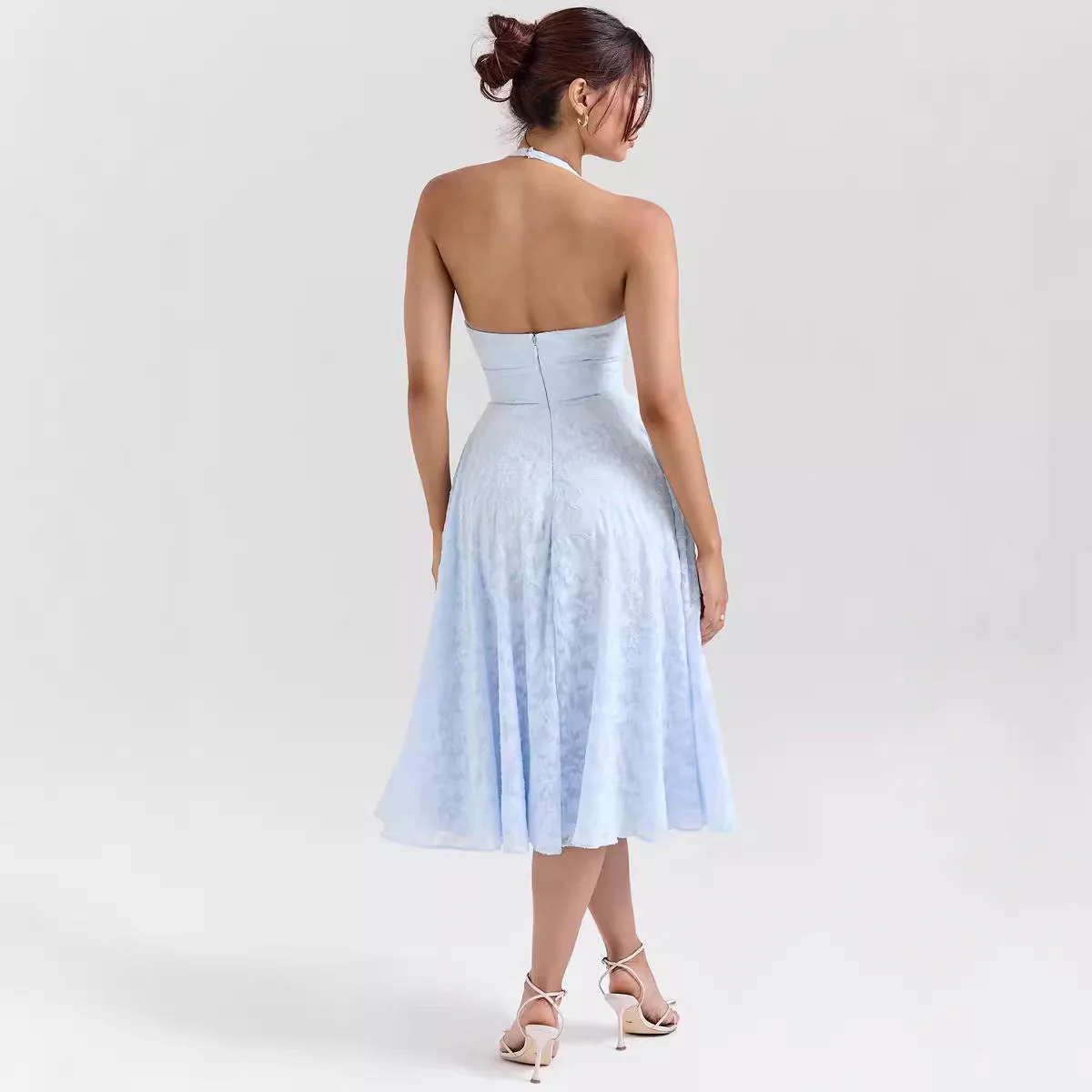 Women's Dress – Slim Fit – A-line Silhouette – Halterneck – Deep V-neck – Luxury Fabric – Midi Length - Image 3