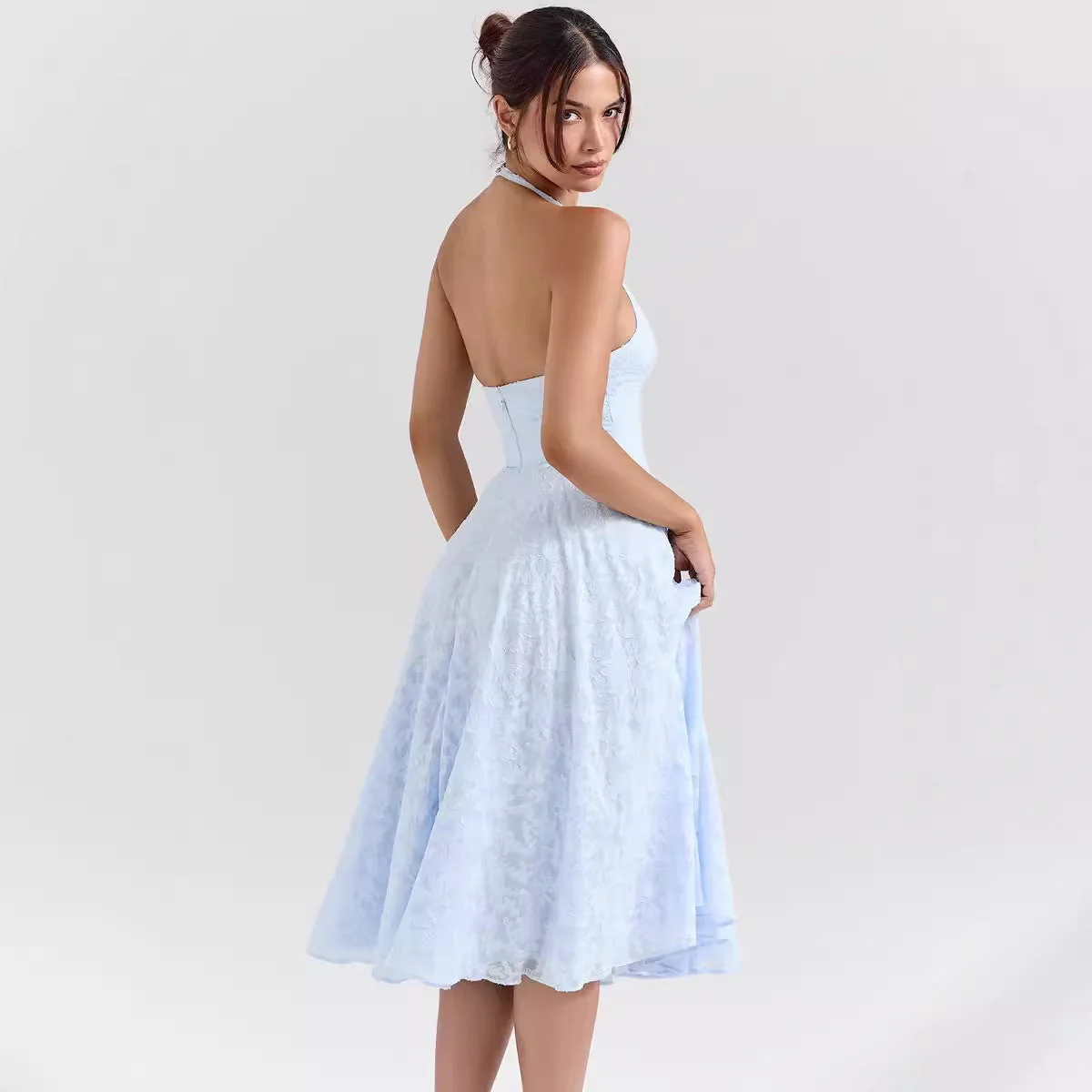 Women's Dress – Slim Fit – A-line Silhouette – Halterneck – Deep V-neck – Luxury Fabric – Midi Length - Image 4
