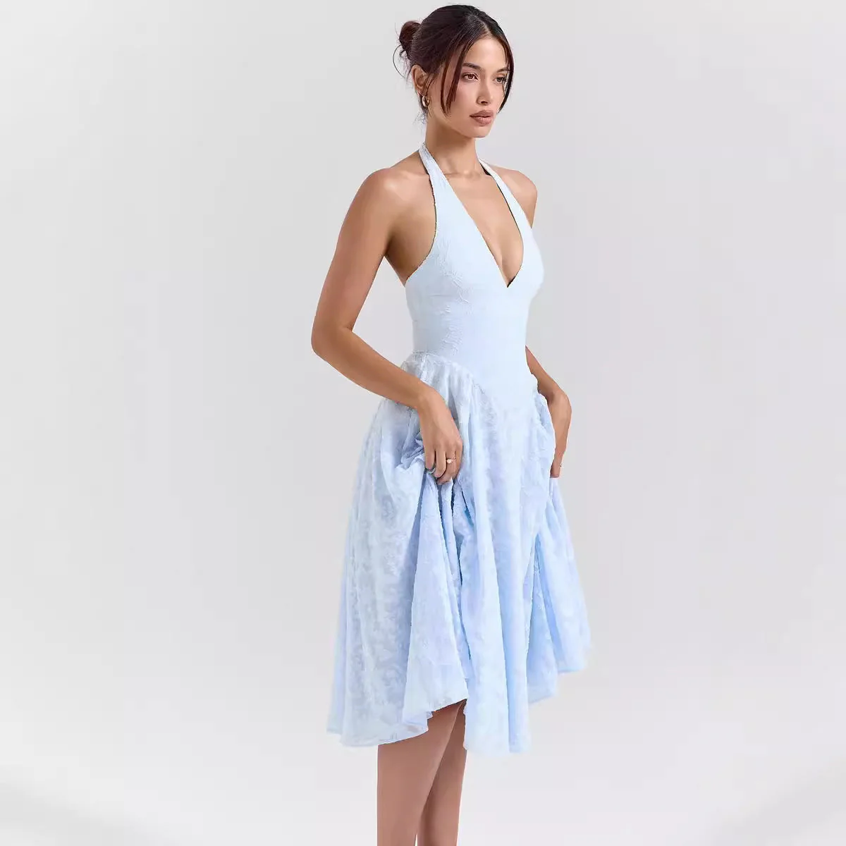 Women's Dress – Slim Fit – A-line Silhouette – Halterneck – Deep V-neck – Luxury Fabric – Midi Length - Image 5