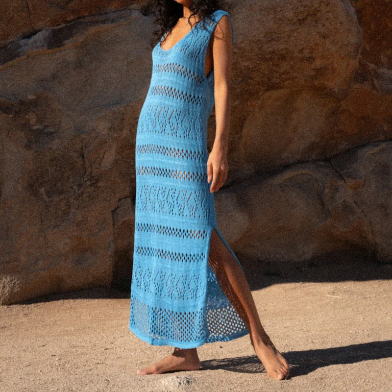 Women's Dress – Slim Fit Crocheted Knit – Sleeveless – Long Split – Openwork Design - Image 2