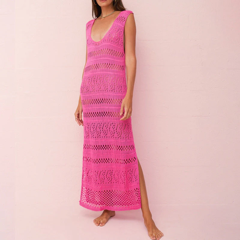 Women's Dress – Slim Fit Crocheted Knit – Sleeveless – Long Split – Openwork Design - Image 3